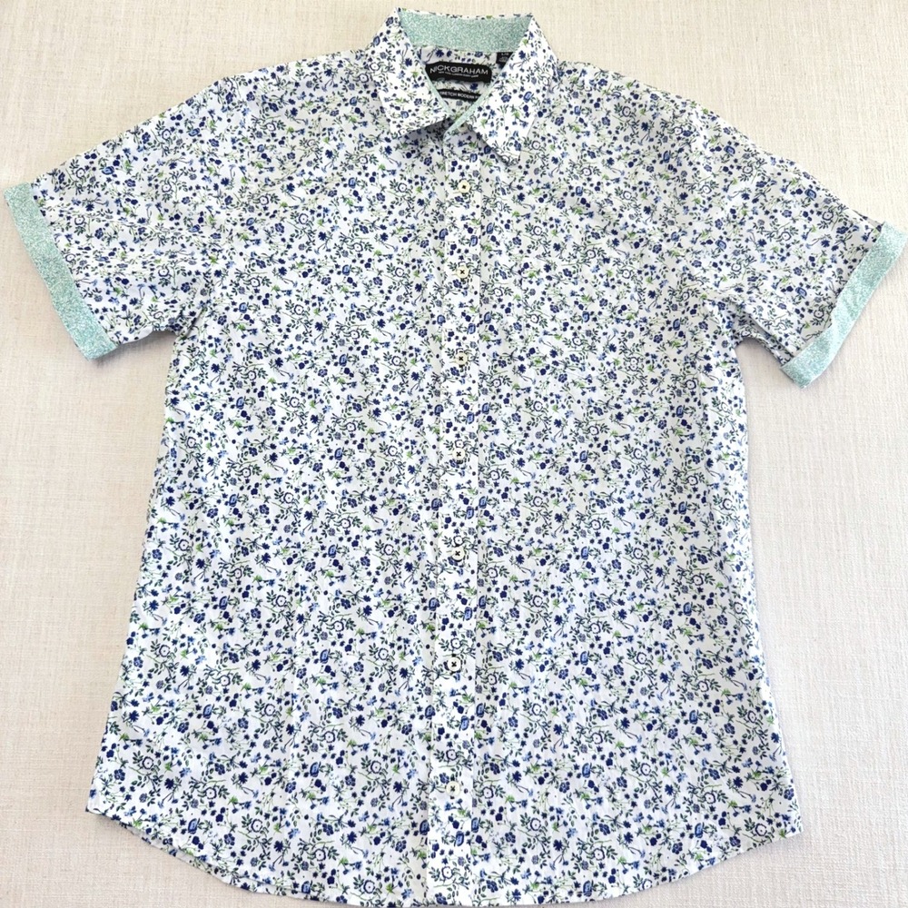Nick Graham Mens Floral Short Sleeve Button Down Shirt Blue Green Stretch‎ Large